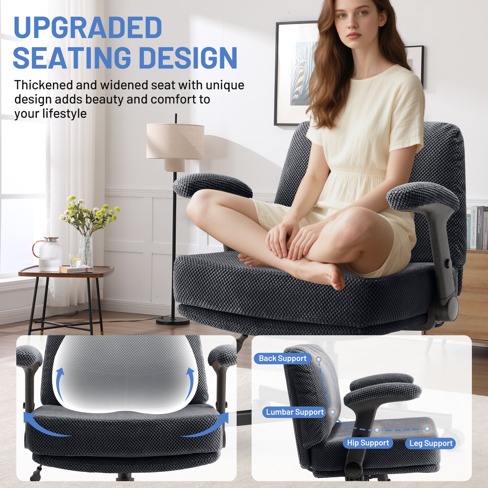 Criss Cross Chair With Wheels And Flip Arms- Comfy Fabric Cross Legged Office Chair With Thick Cushion&Wide Seat, Adjustable Swivel Desk Chair For Home Office, Apartment, Bedroom_voghion.com